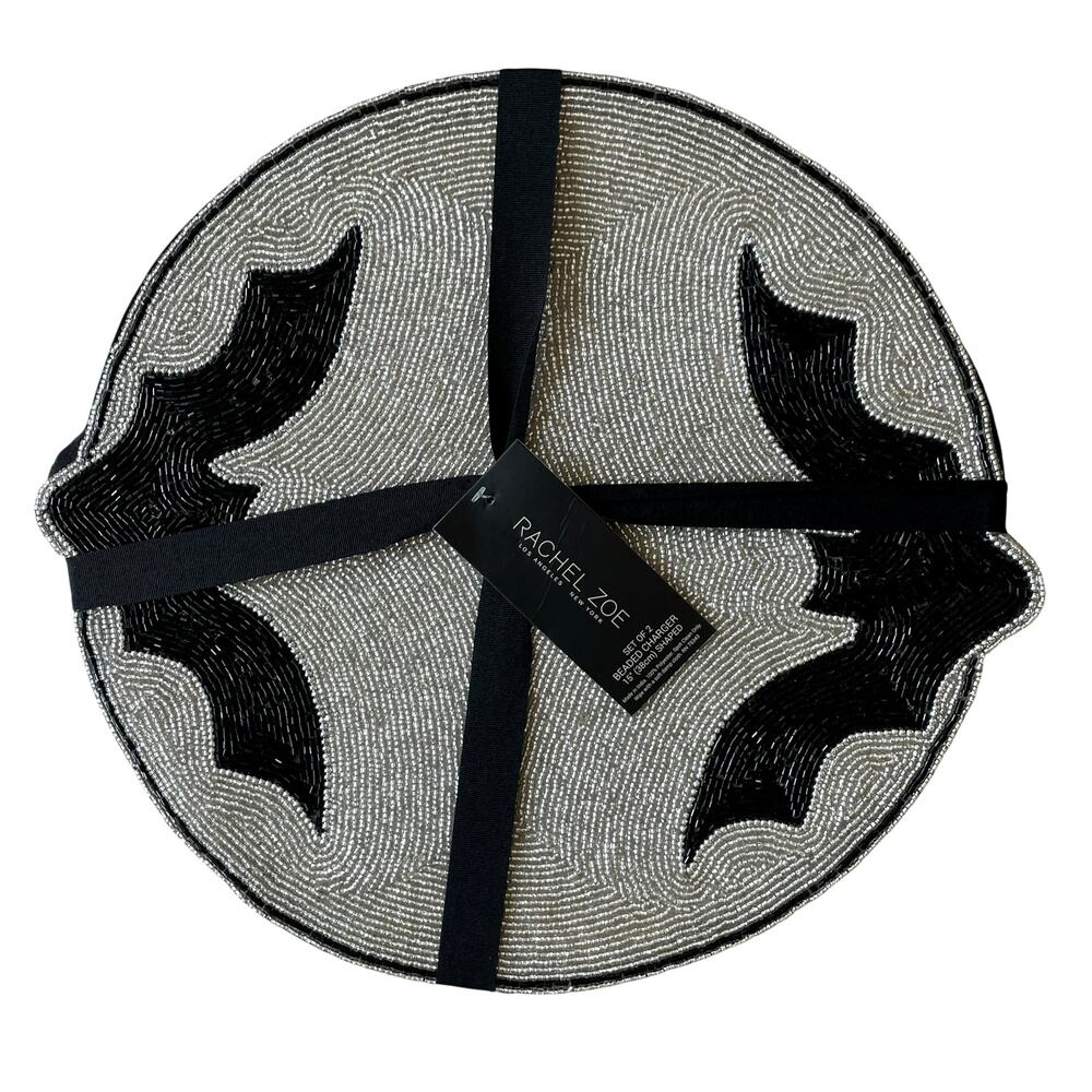 2pc Rachel Zoe Halloween Bat Border Placemat Charger 15in Black & Silver NEW
